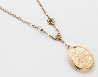 Locket Necklace, Vintage Locket Pendant with Floral Engraving in Gold Filled with Genuine Pearl, Opal Crystal & Flower Charm, Photo Locket