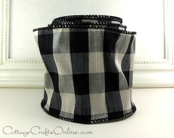 Wired Ribbon, 4" wide, Black, White, Silver Faux Silk Dupioni Plaid - TEN YARD ROLL - Offray "Bono" Check Wire Edged Ribbon