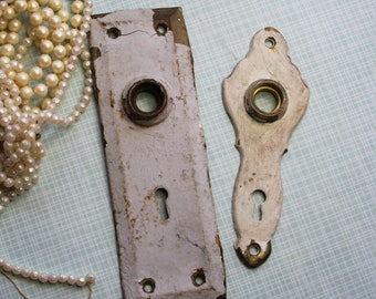 White Chippy Paint- ESCUTCHEON Plates Old Door Hardware- Salvaged Door Plates Architectural Salvage- Metal Door Restoration