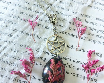 Dried flowers resin glitter pentacle pendant pentagram wicca pagan witch boho elvish jewelry