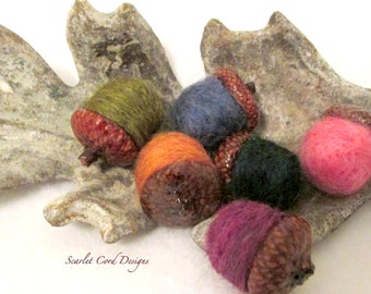 Acorns, Felted Acorns, Fall Decoration, Natural Acorn Caps, Set of Six