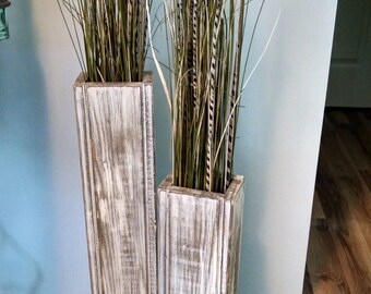 Set-24" and 18" Rustic Floor Vases, Wooden Vases, Home Decor, Decorative Vase, Distressed Wood Vase, Wedding Decor, Rustic Decor