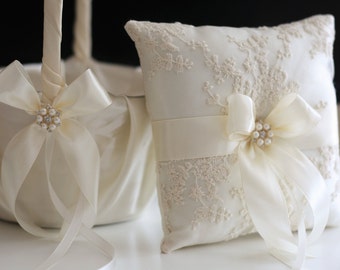 Ivory Ring Bearer Pillow, Ivory Flower Girl Basket, Pillow Basket Set, Ivory Wedding Basket, Ivory Wedding Pillow, Rose wedding basket