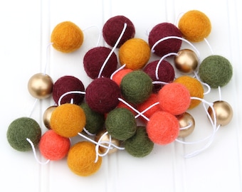 Autumn Felt Ball Garland with Gold Beads, Pom Pom Garland, Thanksgiving Decor, Bunting Banner, Fall Party Decor, Thanksgiving Garland