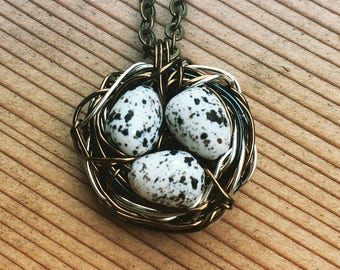 Mixed metal wire tiny nest necklace with bitty eggs