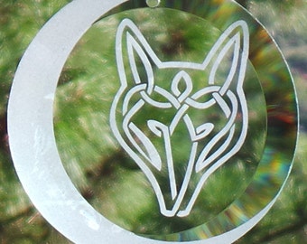 Etched Celtic Wolf with Moon 4" Glass Ornament - Suncatcher, Wolf, Sun-catcher, Celtic Knot, Wolf Knot, Moon, Crescent moon, Wolf moon,