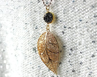 Golden leaf necklace LEAF LAVA cabochons brilliant black