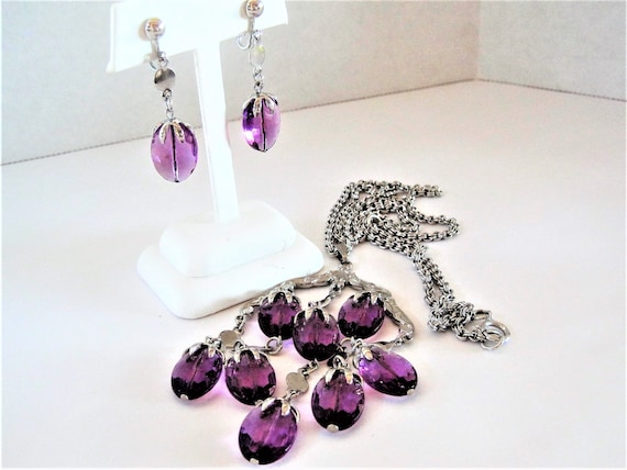 Sarah Coventry Waterfall Necklace Set, Necklace and Earrings, Purple Lucite, Vintage 70's