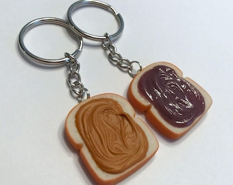 Peanut Butter and Grape Jelly Key Chains, Polymer Clay Charms, Miniature Food, Best Friends