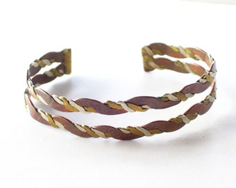 Double Strand Cuff, Mixed Metals Cuff Bracelet, Vintage Cuff Bracelet, Copper Brass Silver Twist Cuff, Tri Color Bracelet, Copper Cuff