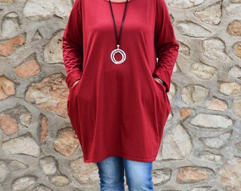 Lagenlook Womens Plus Size Tunic Top, Red Wine, Womens Clothing, Bohemian, Lagenlook Clothing, 14 16 18 20 22 24 26 28 XL XXL XXXL 8770