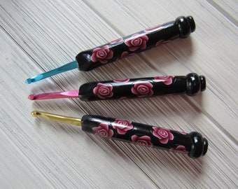 Pink Rose Crochet Hooks, Handmade Crochet Hook, Susan Bates, Size J, Size H, Size I