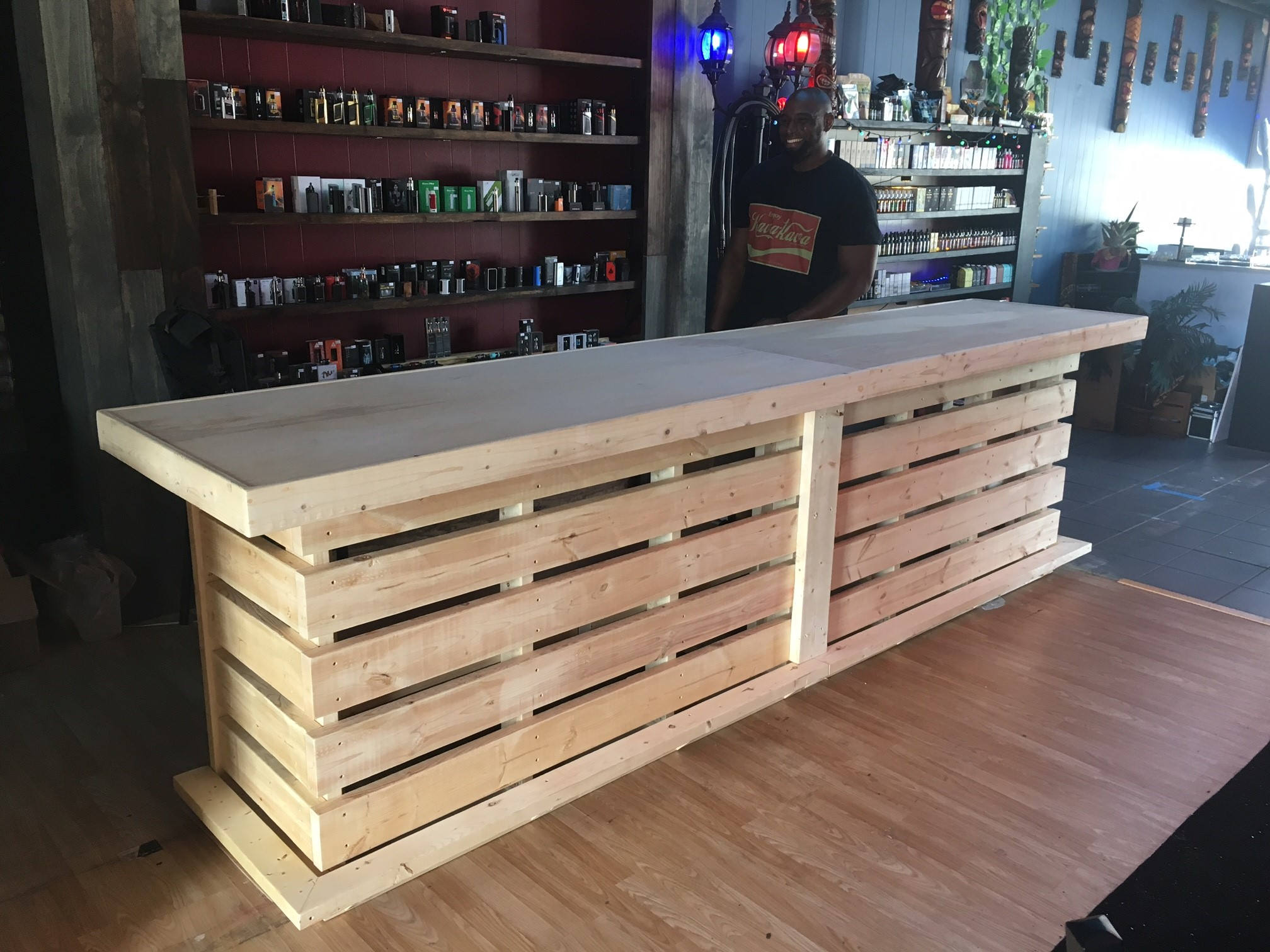 The Whoadie Pallet style rustic dry bar reception desk or