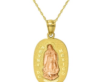14K Two Tone Gold Reyna De Mexico Virgin Mary Guadalupe Pendant Necklace