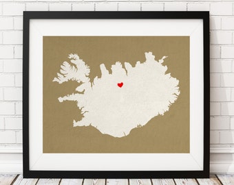 Custom Iceland Silhouette Print, Customized Country Map Art, Personalized Gift, Iceland Art, Iceland Print, Heart Map, Iceland Map, Love Map