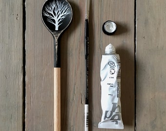 Arboreal 2 - Hand Painted Wooden Spoon - Tree Painting, Black and White Original Art by Natasha Newton