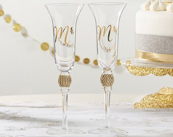 Gold Glitter and Rhinestone Mr. and Mrs. Toasting Champagne Flute Set - Wedding Champagne Flute - Mr and Mrs Wedding Glassware (27120)