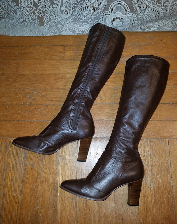 Vintage Brown Leather Go Go Boots Knee High Size 6.5 Joyce