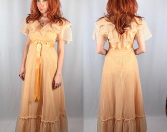 Vintage 1970's Sheer Peach Maxi Dress Prom Gown Small