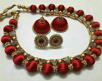 Silk Thread Jewelry Set with Jhumkas Red /Green/Golden/Parrote green/white-Handmade Indian Jewelry