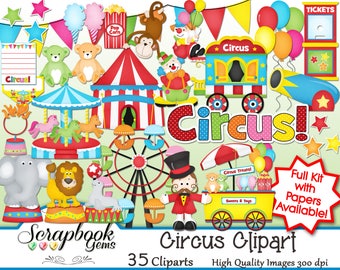 CIRCUS Clipart, 35 png Clipart files Instant Download clown elephant seal games birthday party balloon amusement theme park carnival cannon