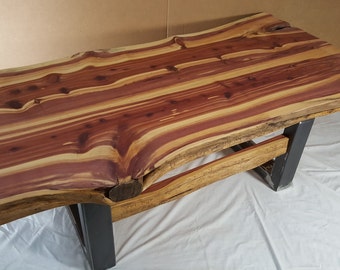 Rustic Red Cedar Slab Live Edge Living Room Coffee Table and Steel Legs