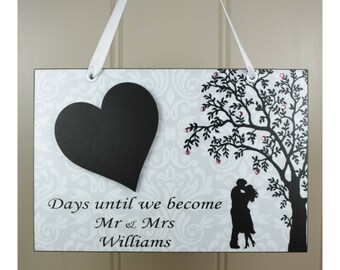 PERSONALISED Wedding Countdown Handmade Home Sign/Plaque With Chalkboard Heart - Mr and Mrs Engagement Gift 640