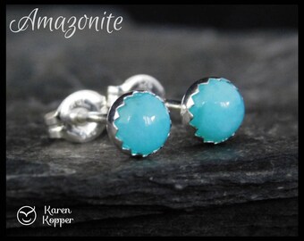 Natural amazonite gemstone earrings, 5mm cabochon, sterling silver, posts earrings, studs, birthstone, second earrings, 105