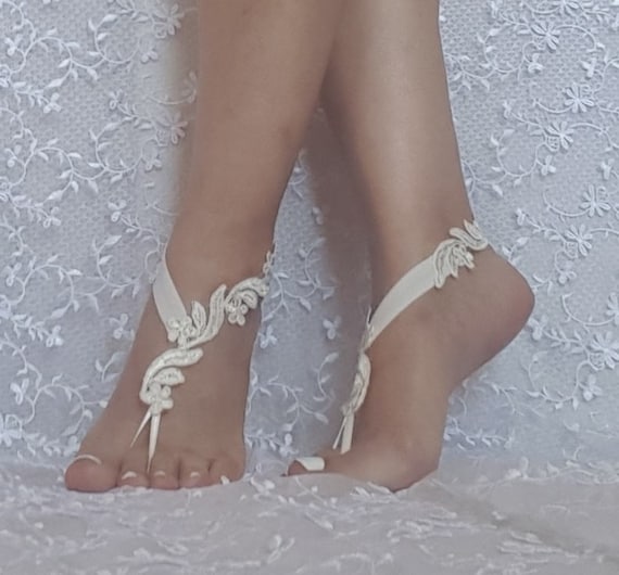 Bridal barefoot sandals ivory floral beach sandal barefoot lace shoe beach wedding
