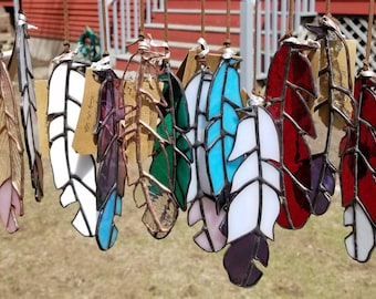 Large Hand Crafted Stained Glass Feather Sun Catcher Window Decor