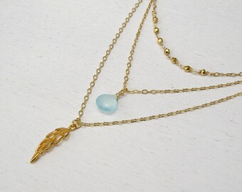 Summer SALE - Triple strand necklace, Aqua chalcedony necklace, Gold layered necklace set