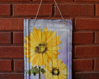Two Sunflowers, Painting, Vintage Metal Shingle, Garden, Patio, Porch, Outdoor, Art, Original Painting, Winjimir, Home Decor, Wall Art, Gift