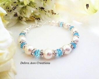 Aquamarine Birthstone Bracelet Swarovski Pearl Bridal Bracelet Aquamarine Birthstone Jewelry March Birthday Gift Aquamarine Crystal Bracelet
