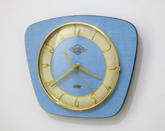 French 1950-60s Atomic Age LUTETIA Bright Blue Formica Wall Clock - Freeform Shape - Good Working Condition