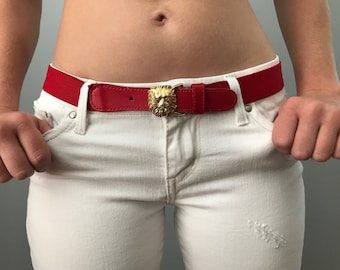 Vintage 80s Red Stretch Belt w/ Gold Lion Head