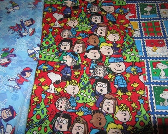 Three 12 x 40 Inch Peanuts Gang/Snoopy Christmas Cotton Fabric Remnants