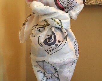 vintage silk scarf, large silk scarf, square scarf, retro scarf, Jaye Hersh, Hollywood intuition, white silk scarf, jewelry, purses