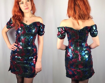 Vintage 1990's Sequin Daniella Dress Off the Shoulder SMALL
