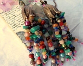 Fan Chain Pair for Ceiling Fan or Lamp with Multistone Beaded Fringe and Antiqued Brass Color Findings
