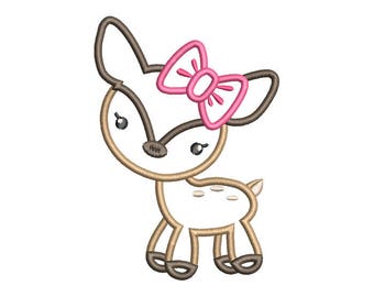 Girl Deer Bow Applique Machine Embroidery Design- Instant Download