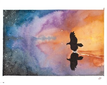 Eagle Hunts Reflection - Original Watercolor 8x10