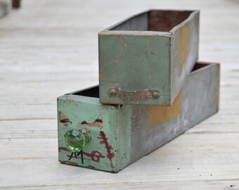 2 vintage Tin Drawers . Green Wood . Garden Flower Display . Unique Home Decor . Retro . FarmHouse . Storage . Industrial Salvage