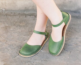 Leather flats, Summer Shoes, Leather Sandals, Women Sandals, Greenery Sandals, Summer Flats, Slingback, Flat Summer Shoes, Comfortable