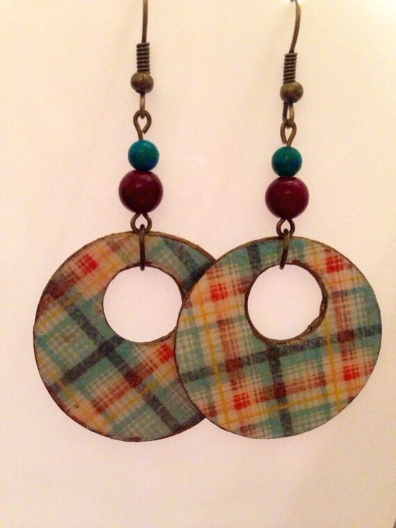 Upcycled Cereal Box Earrings Plaid Beaded Earrings
