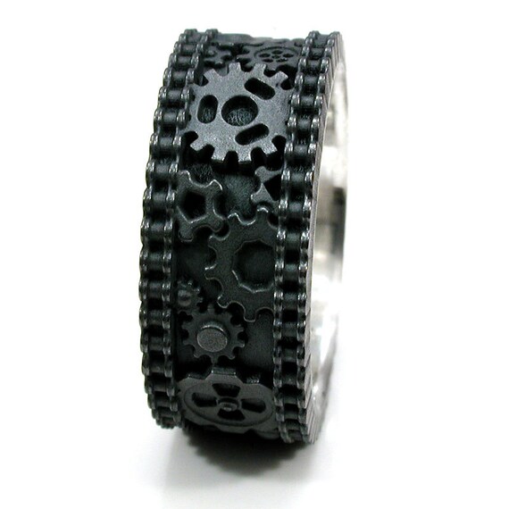 Gear Ring - Mens Steampunk Bike Chain Black Silver Ring