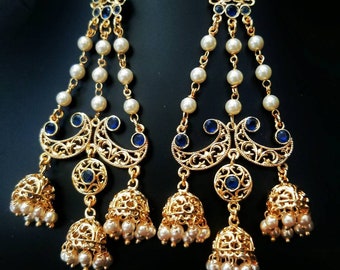 Jhumka earrings, Ethnic earrings, Bollywood jewelry, earrings, Indian wedding jewelry, Pakistani earrings, lightweight, Blue stone, Pearls.