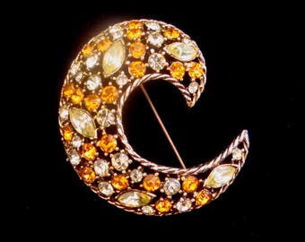 Vintage Weiss Rhinestone Brooch, Vintage Weiss Brooch, Weiss Vintage Jewelry, Rhinestone Crescent Brooch, Vintage Gold Rhinestone Brooch