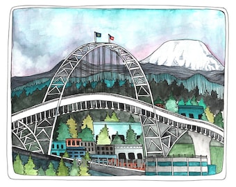 Art - Portland Art - Portland Oregon Art Print - Portland Illustration - 405 Bridge - Portland Bridge Art - Print of Watercolor - 405 Birdge