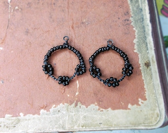 Handmade Bead and Wire Charm Connectors | 2 Rustic Rounds | Dark Steel Wire, Black Glass Seed Beads | Lightweight Charms | Earring Supply