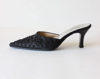 Vintage 1990s Black Beaded Satin High Heel Mules, size 6